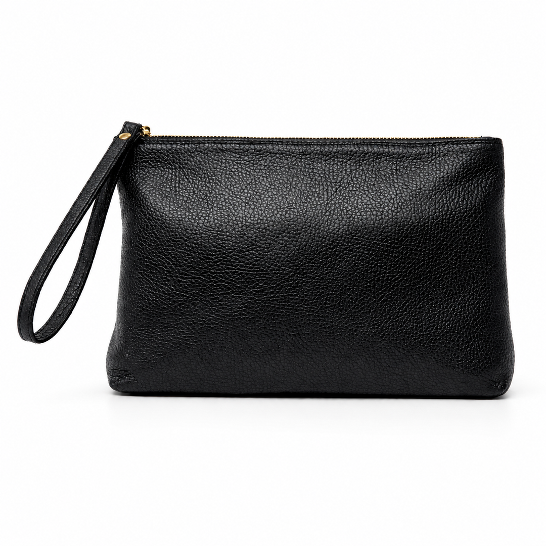 Black Italian leather men’s wristlet pouch with gold zipper and wrist strap