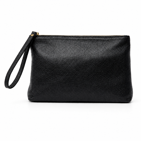Black Italian leather men’s wristlet pouch with gold zipper and wrist strap