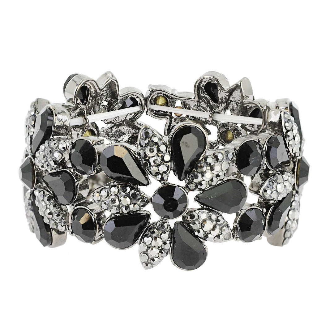 Floral Rhinestone Gem & Cluster Evening Stretch Bracelet: Black
