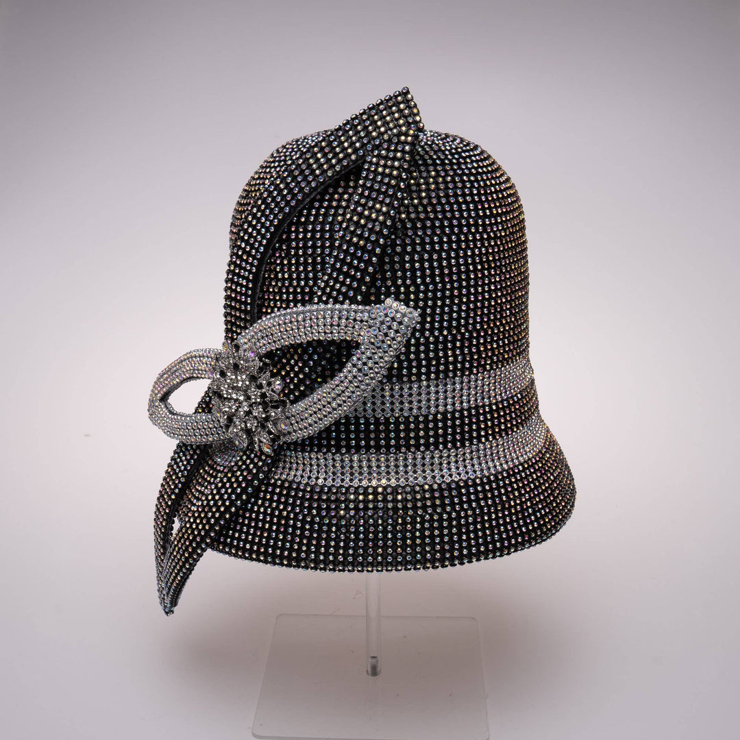 Bell Shape Hat Covered In Rhinestone With Leaf Shape Trim: Black