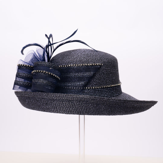 Navy Metallic Upturned Brim Statement Hat with Bow