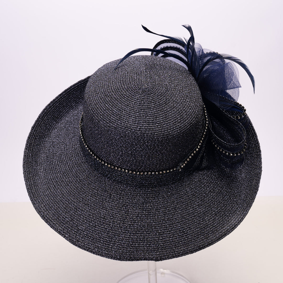 Navy Metallic Upturned Brim Statement Hat with Bow