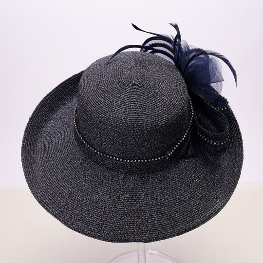 Navy Metallic Upturned Brim Statement Hat with Bow