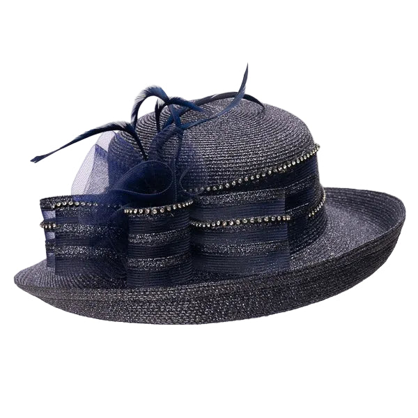 Navy blue decorative hat with feather and netting on a white background