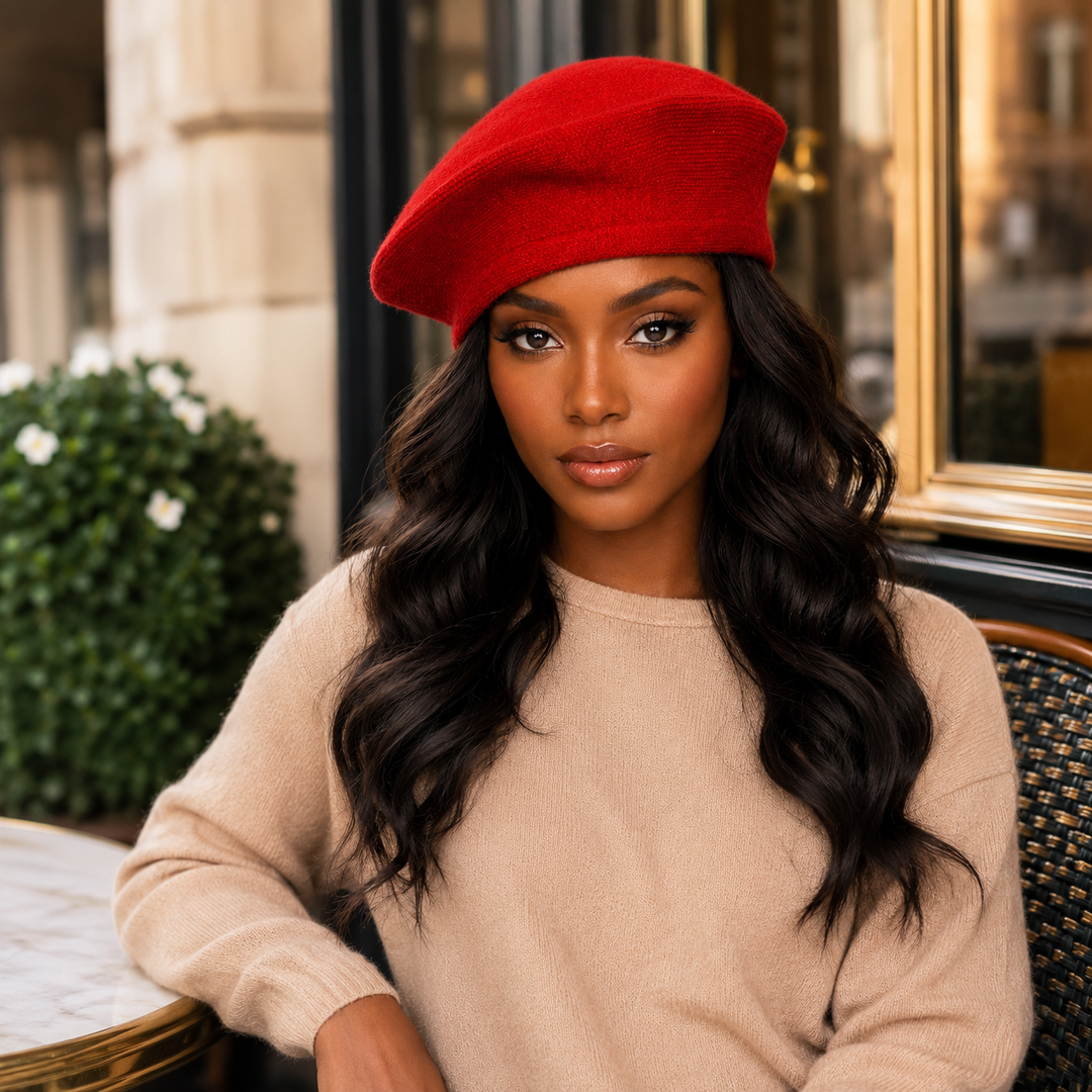 A woman with long, wavy black hair wearing a bright red beret and a beige knit sweater, seated in an outdoor cafe setting.