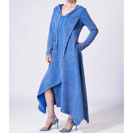 Deep Blue Hooded Midi Dress with Asymmetrical Hem & Pockets