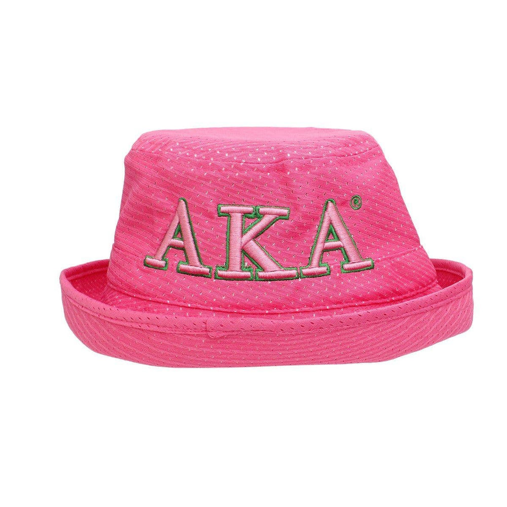 Pink bucket hat with 'AKA' logo on a white background