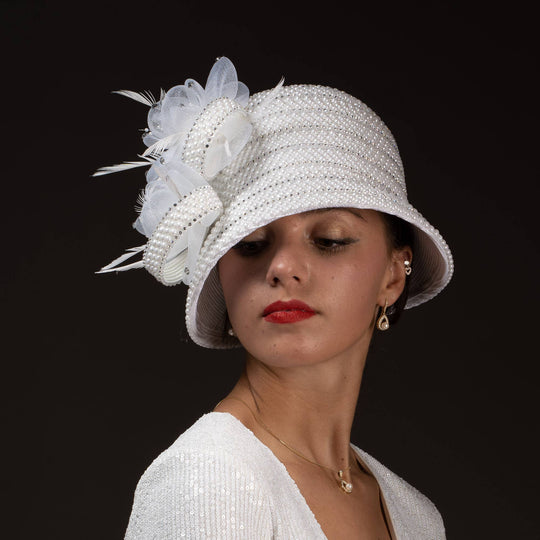 Crinoline Flower And Pearl Decorated Cloche Hat: Ivory