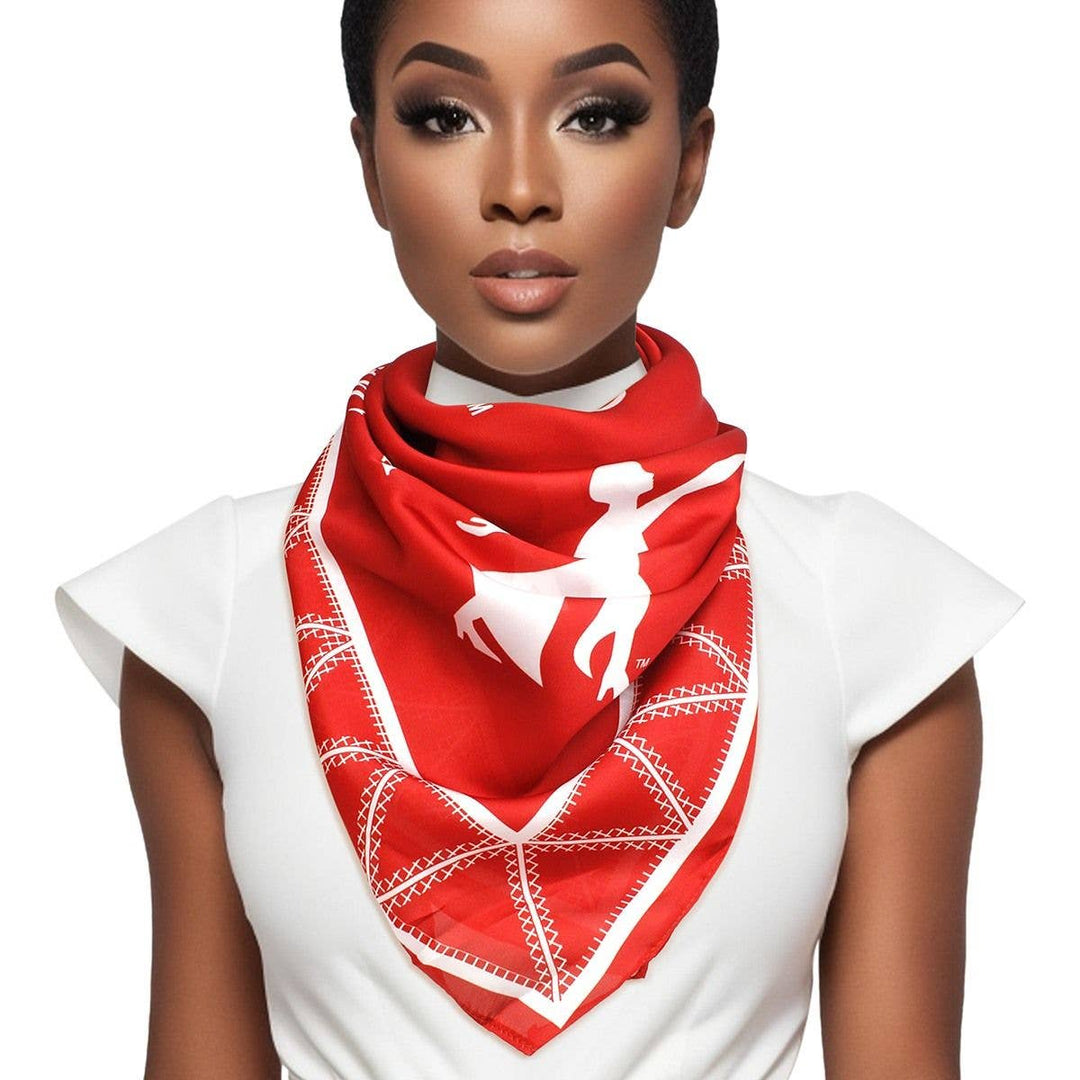 DST Sorority scarf in red and white featuring the shield, Lady Fortitude print, and zigzag stripe edging.