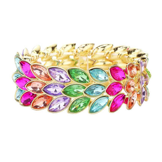 Multicolored gemstone bracelet with gold accents on a white background