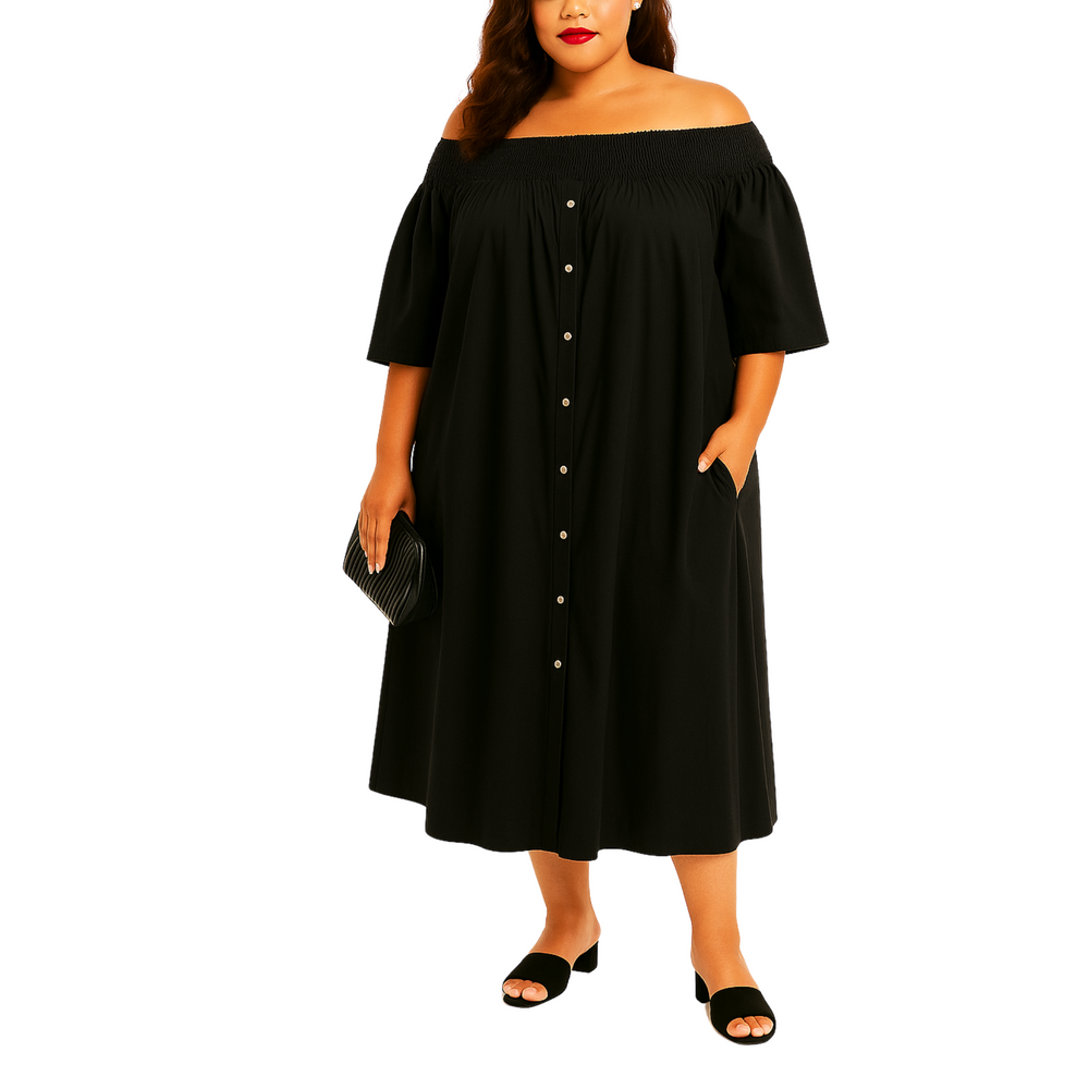 Smocked Off-Shoulder Dress – Cotton Blend Midi