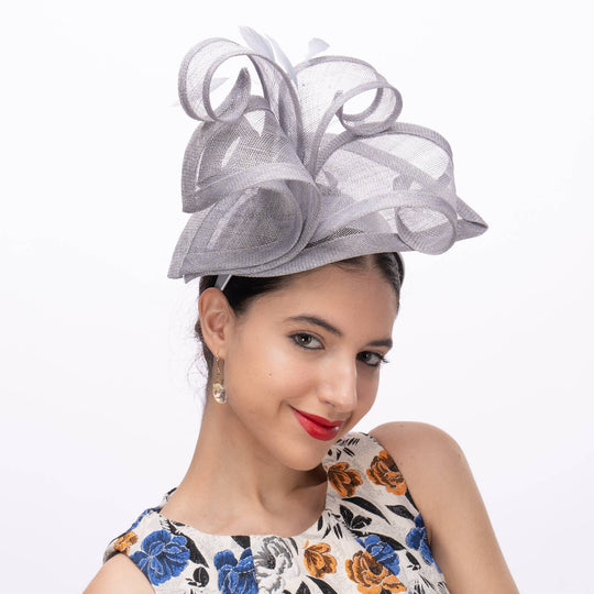 Lilly Shape Sinamay Swirls Feather Fascinator: Silver