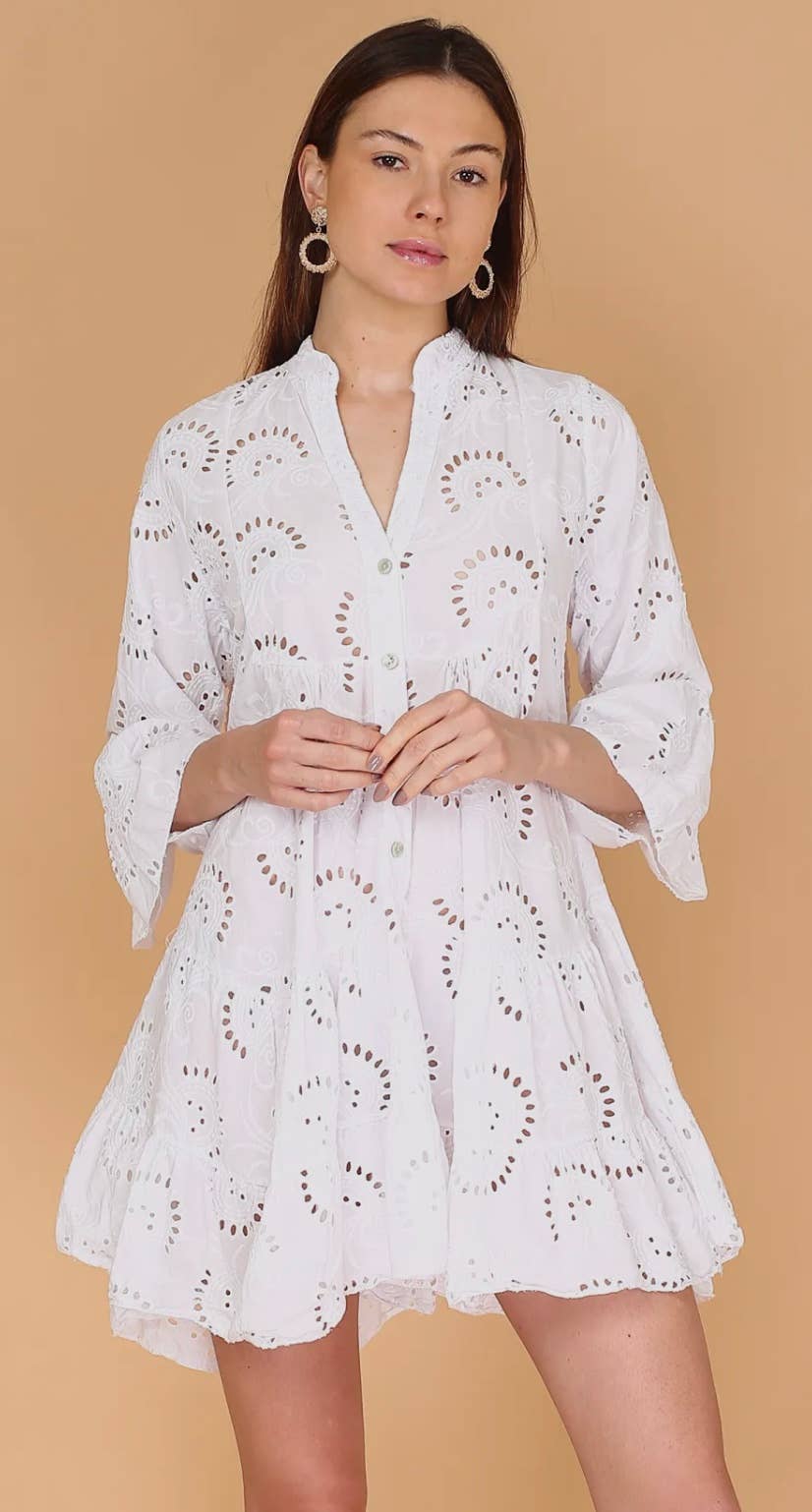 English Embroidered Short Dress Billowy Sleeves: Fuchsia English Embroidered Short Dress Billowy Sleeves: Fuchsia