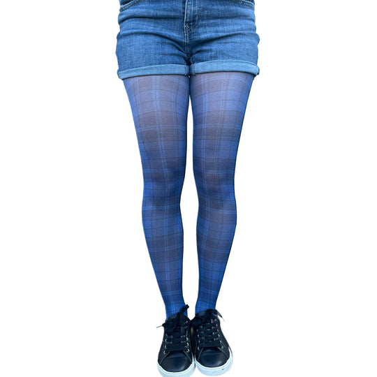 Blue Plaid Patterned Opaque Tights