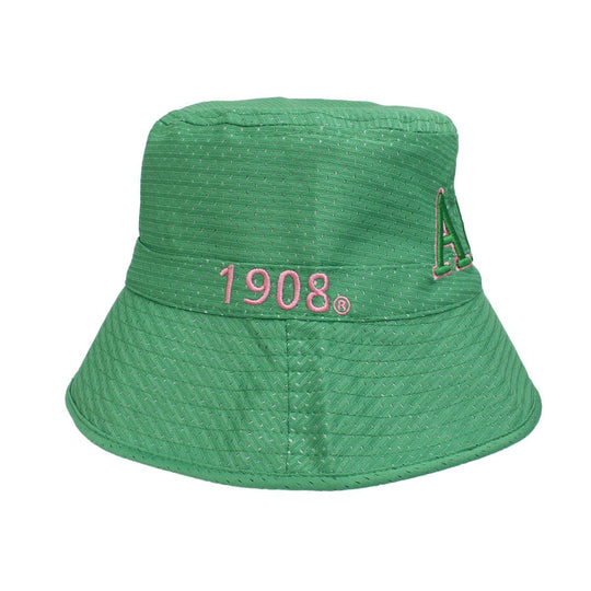 Green bucket hat with '1908' embroidery on a white background