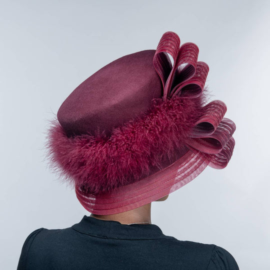 Crinoline Feather Bow Trim Tall Crown Wool Felt Hats: Wine