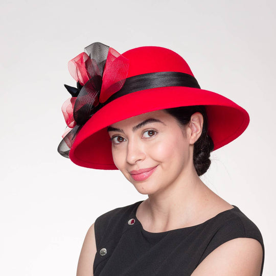 Feather Flower Bow Down Brim Hat: Red Black