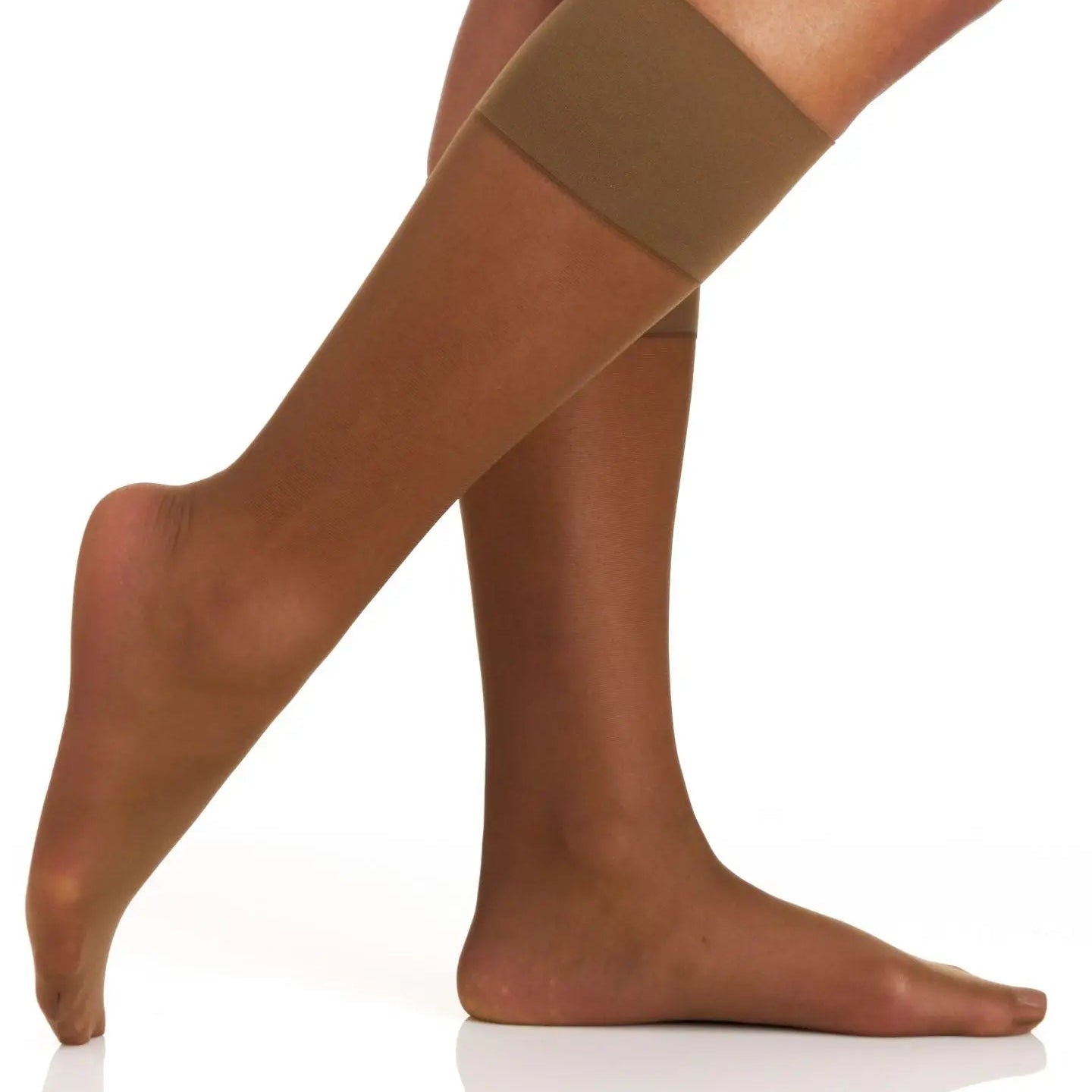 Brown compression bandage on a person's leg against a white background
