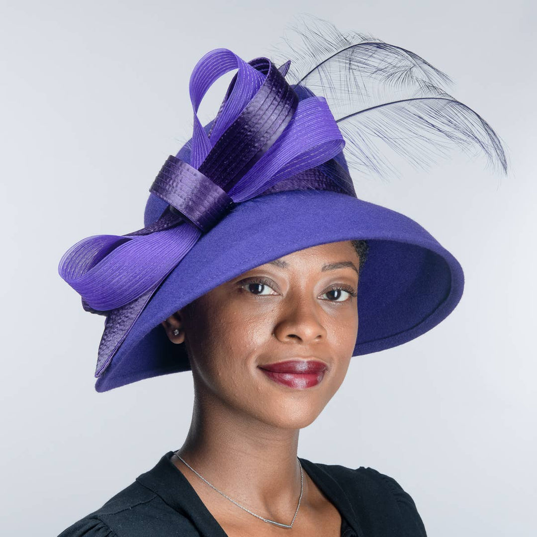 Feather Bow Trim Asymmetric Wool Felt Hat: Royal