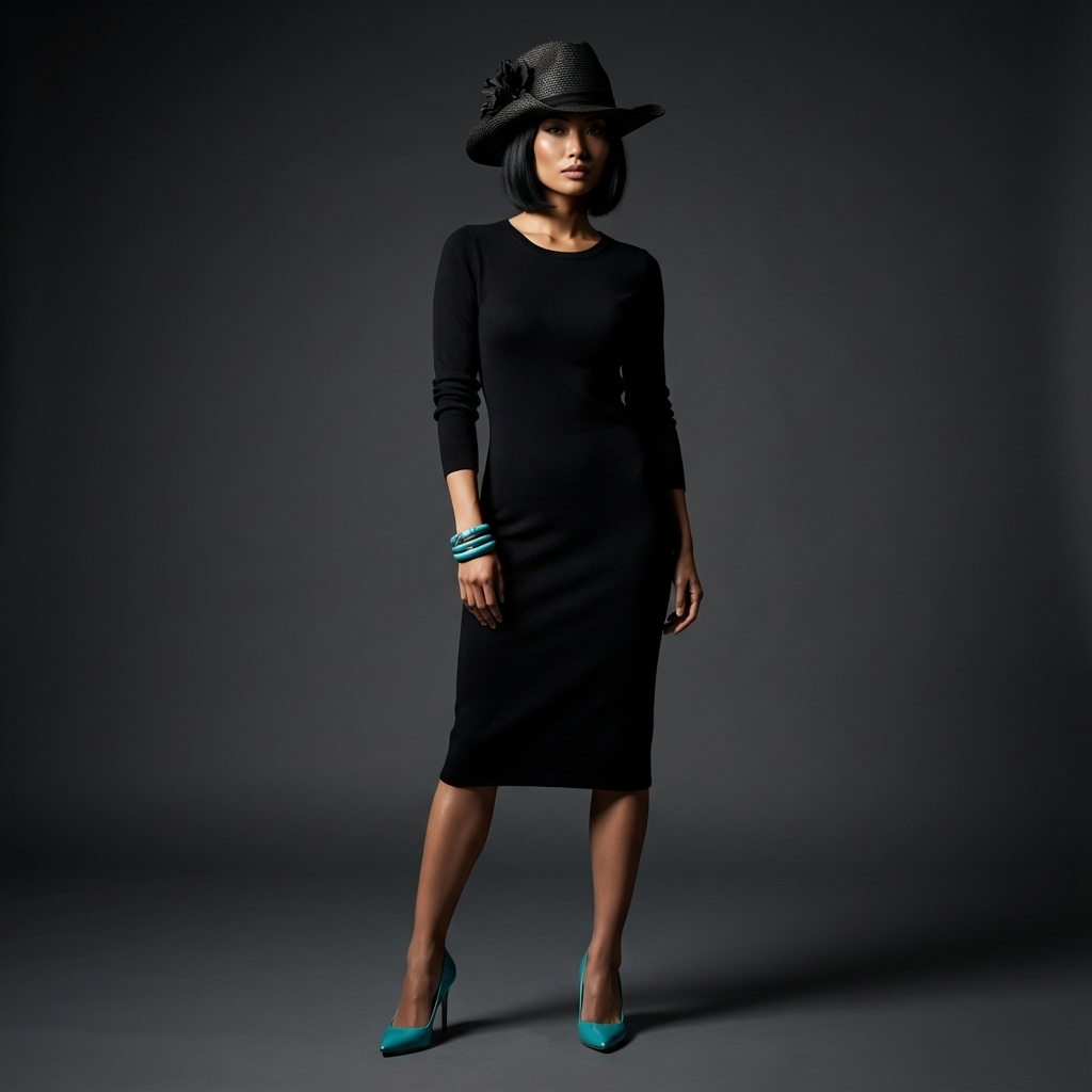 Woman wearing a black dress and hat with green shoes on a dark background