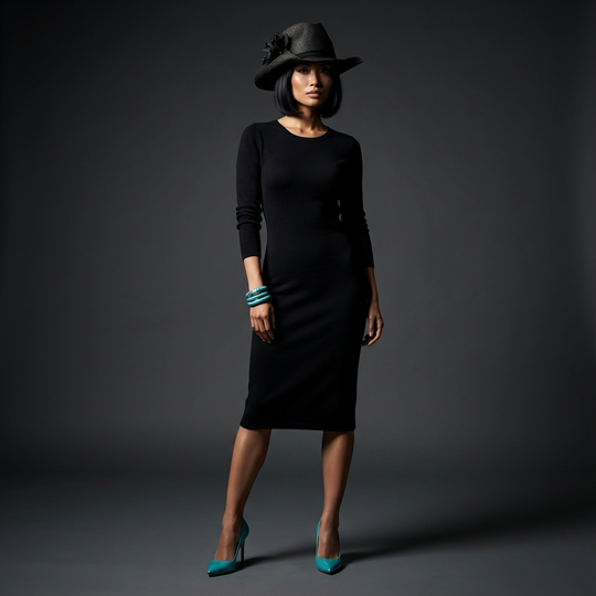 Woman wearing a black dress and hat with green shoes on a dark background