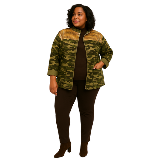 Woman wearing a green camouflage jacket on a white background