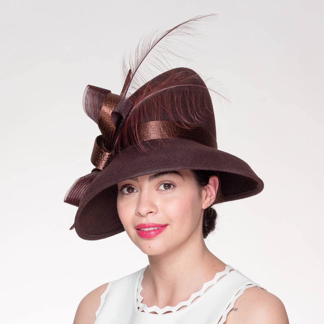 Feather Bow Trim Asymmetric Wool Felt Hat: Royal