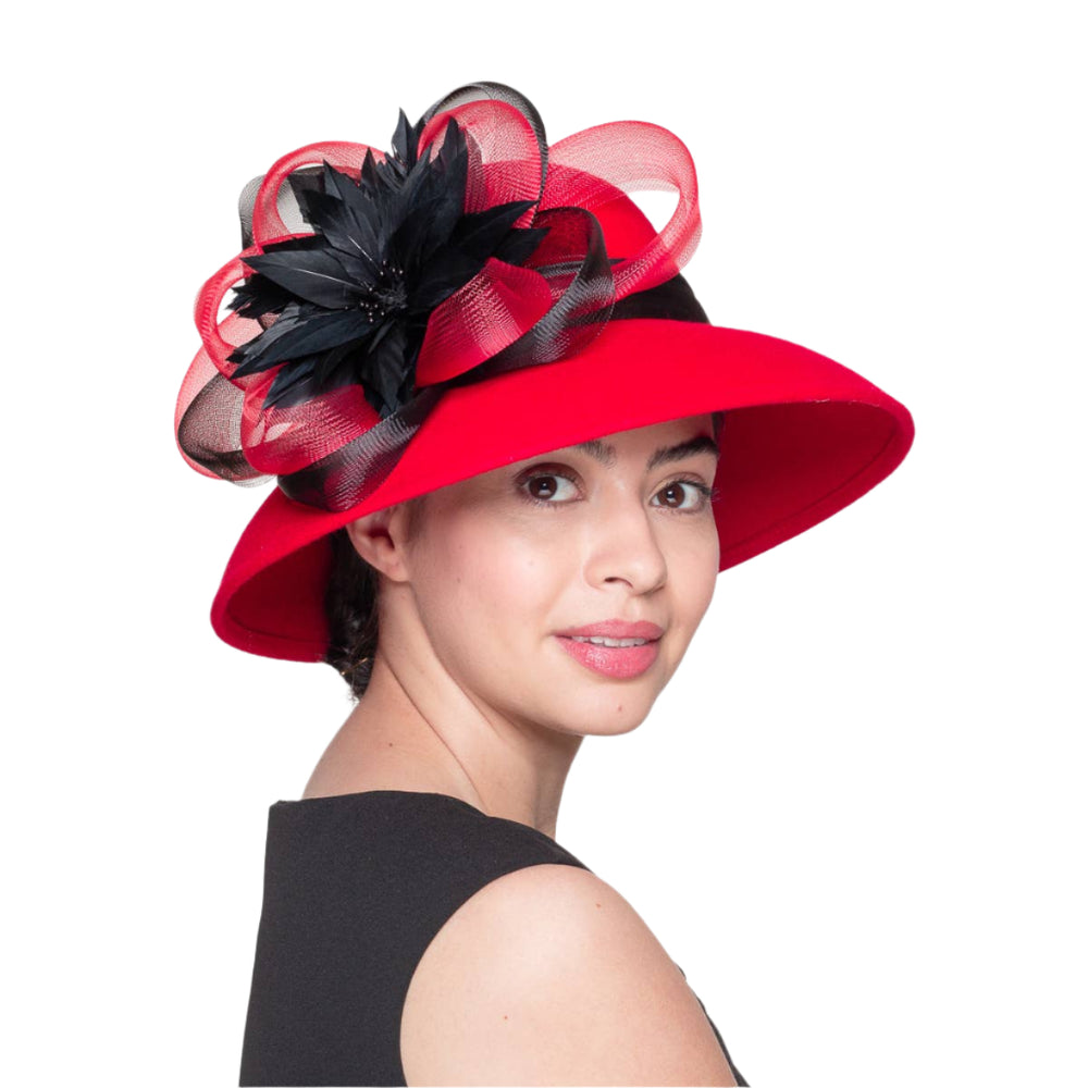 Feather Flower Bow Down Brim Hat: Red Black