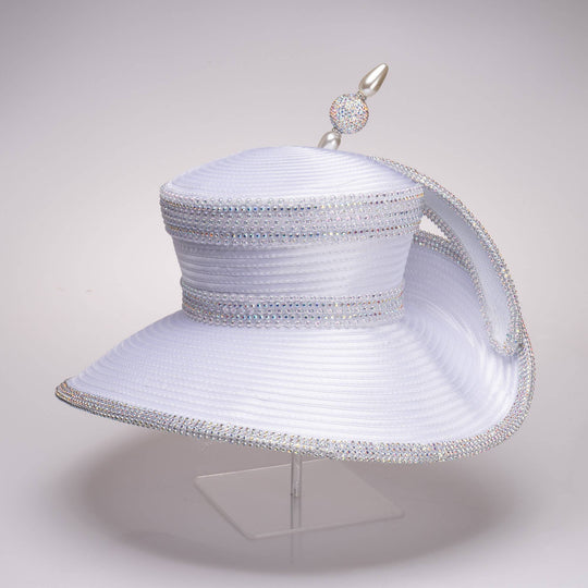 Extended Off Face Mad Hatter Brim with Rhinestones:White