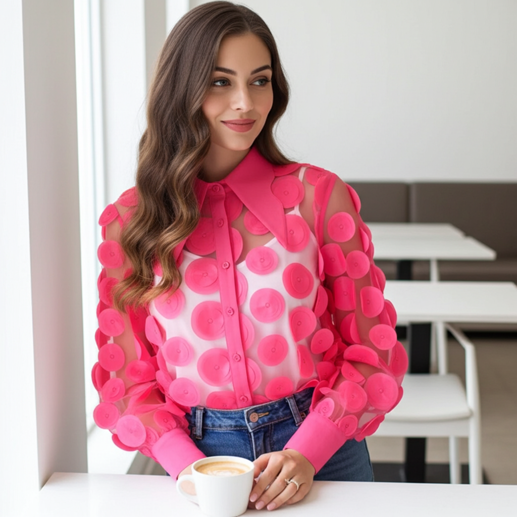 Statement Collar Puff Sleeve Button Down Blouse - Fuchsia