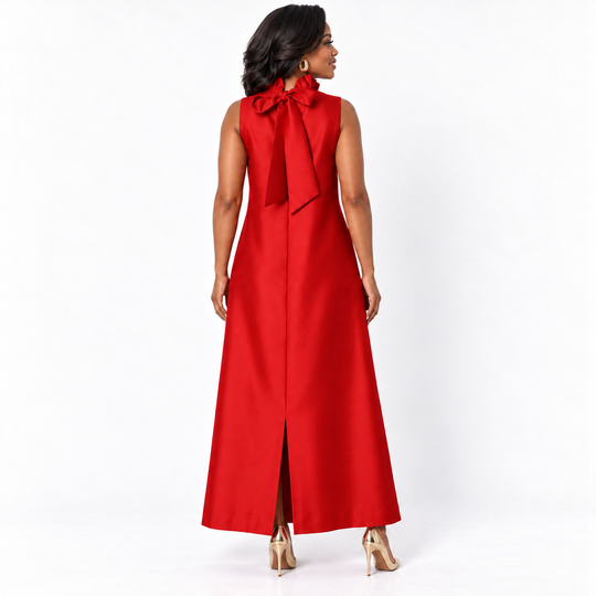 A woman modeling a sleeveless red maxi dress from the back, featuring a large bow at the back of the neck and a front slit, paired with gold high heels against a white studio background.