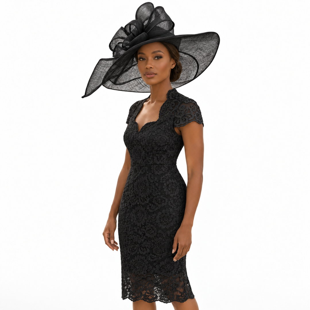 Black Sinamay Wide Brim Hat with Abstract Bow