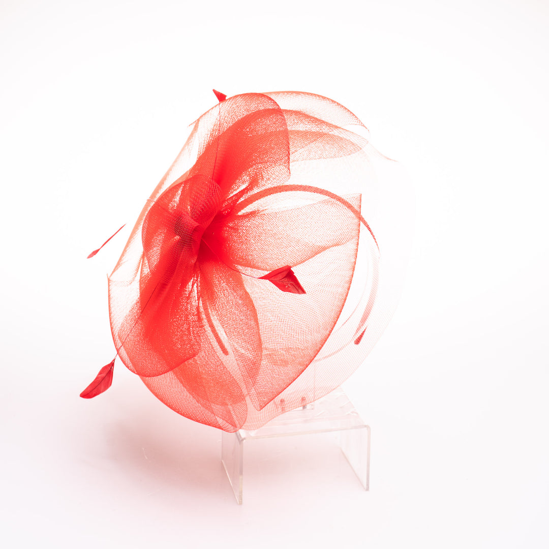 Crinoline Flower Headband Feather Trim: Red