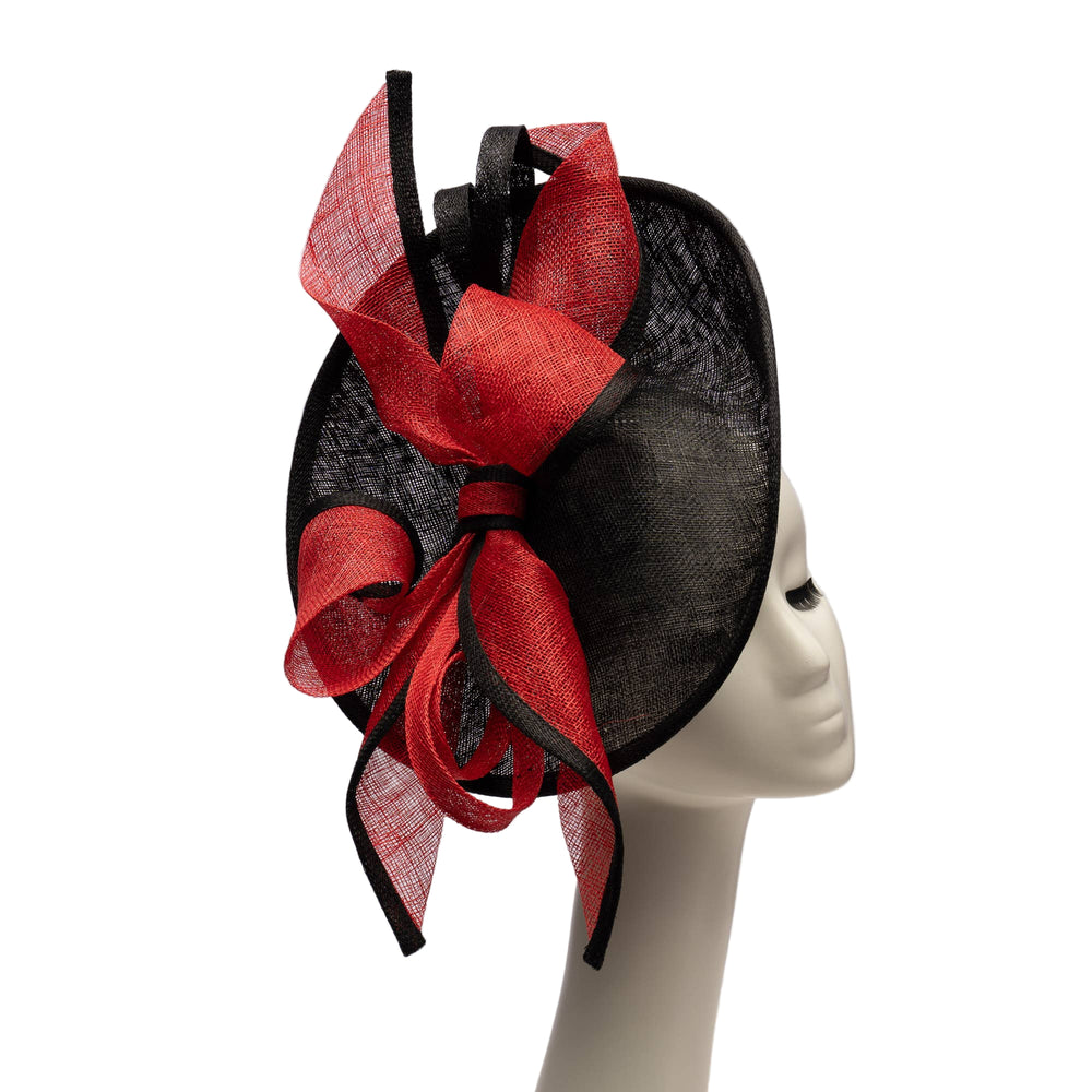 Two Tone Bow Sinamay Saucer Fascinator: Black+Red
