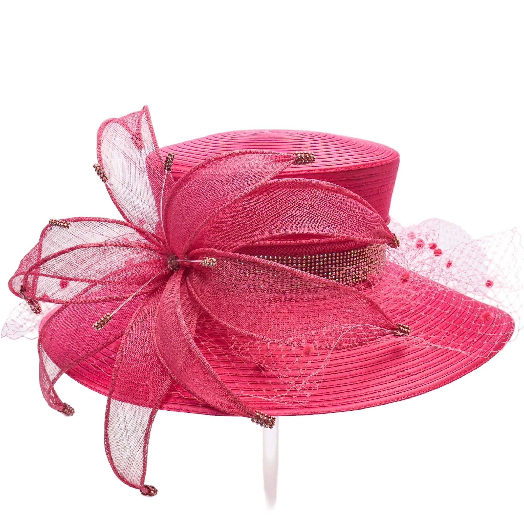 Pink decorative hat with netting on a white background