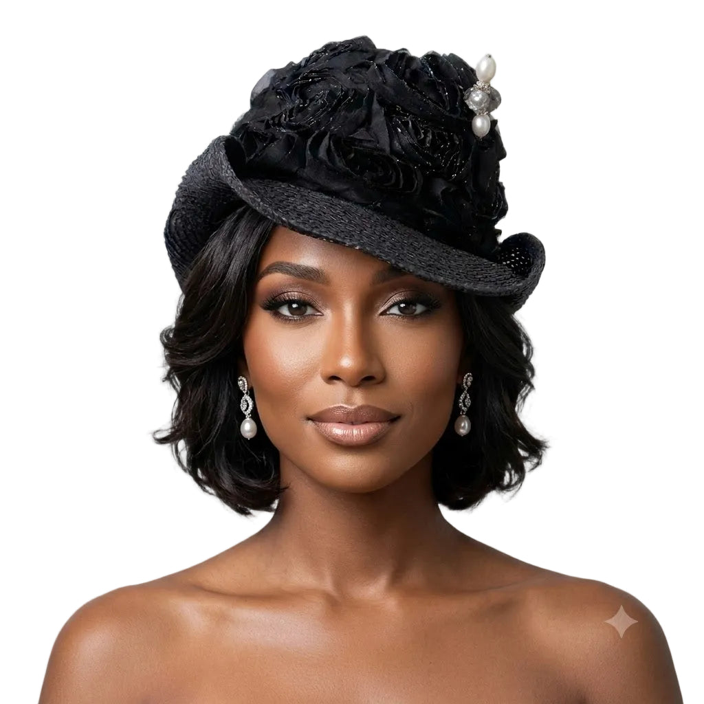 Woman wearing a black floral hat against a gray background