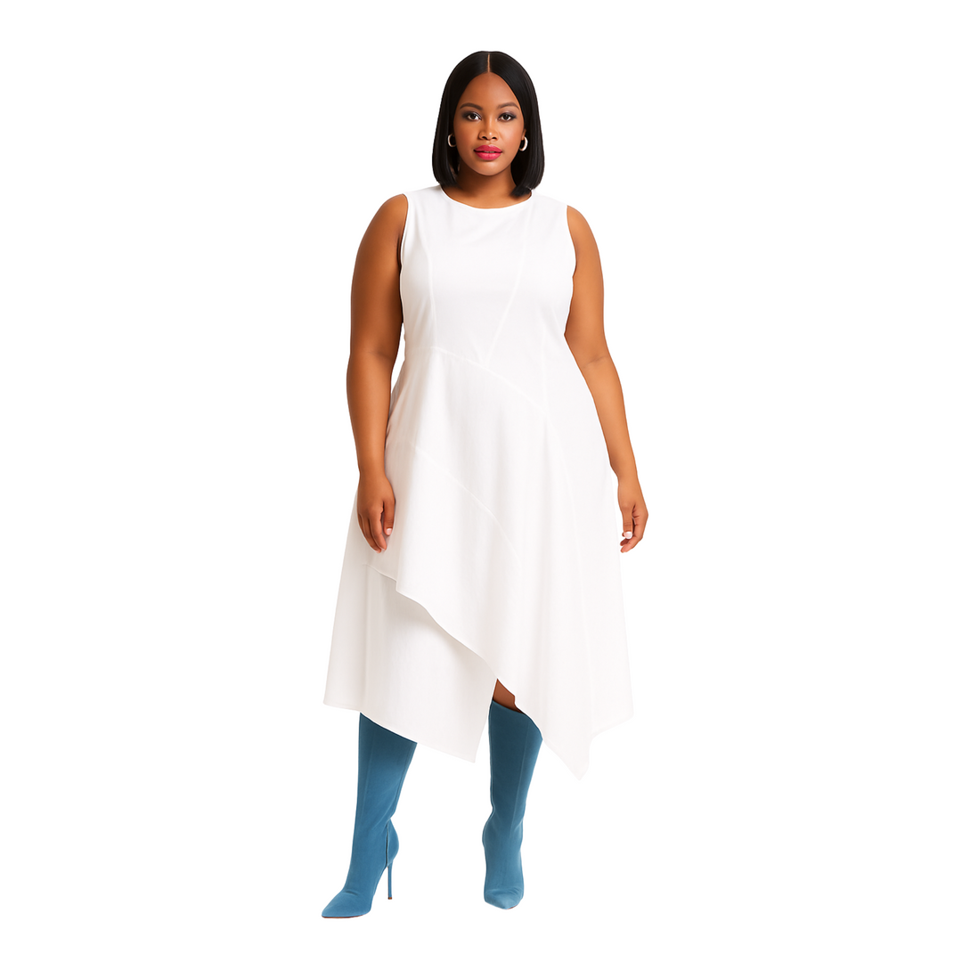 Asymmetric White Cotton Dress Sleeveless A-Line by Mat Fashion Medium / White Asymmetric White Cotton Dress Sleeveless A-Line by Mat Fashion Medium / White