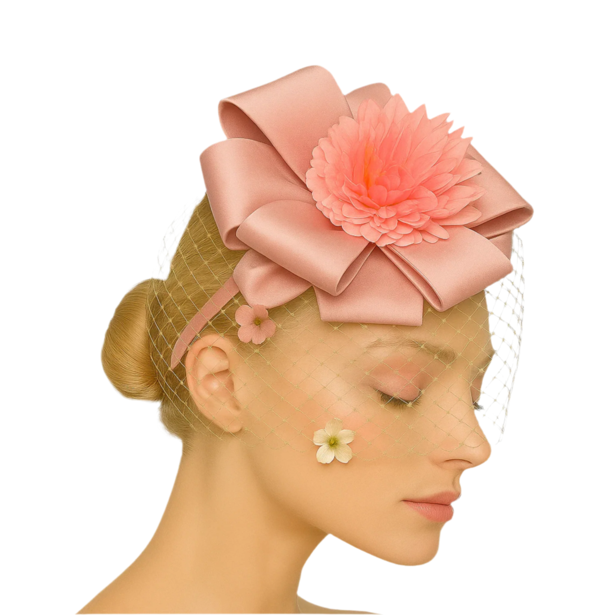 Woman wearing a pink floral headpiece with a bow on a white background