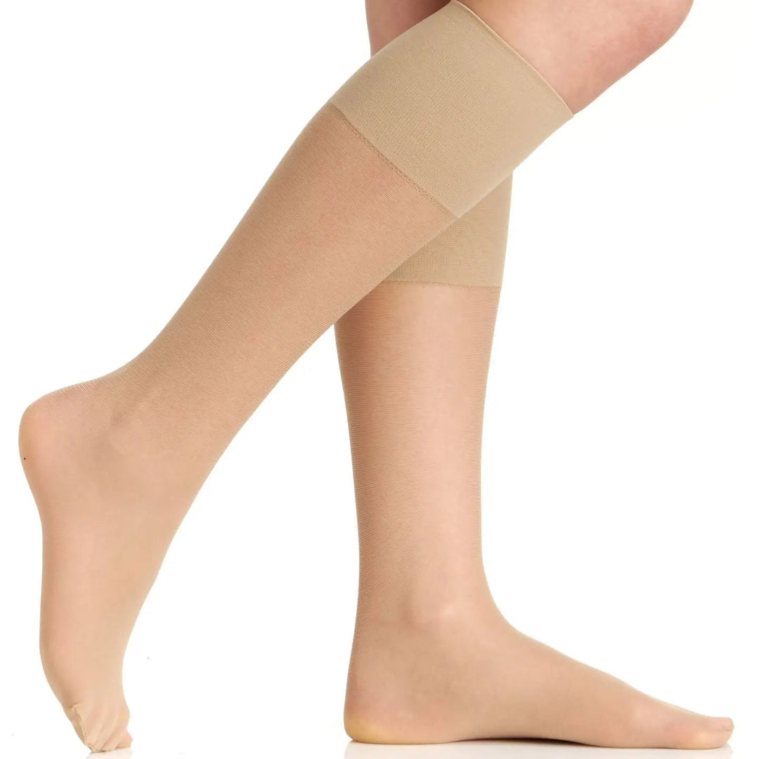 Beige compression stocking being worn on a leg against a white background