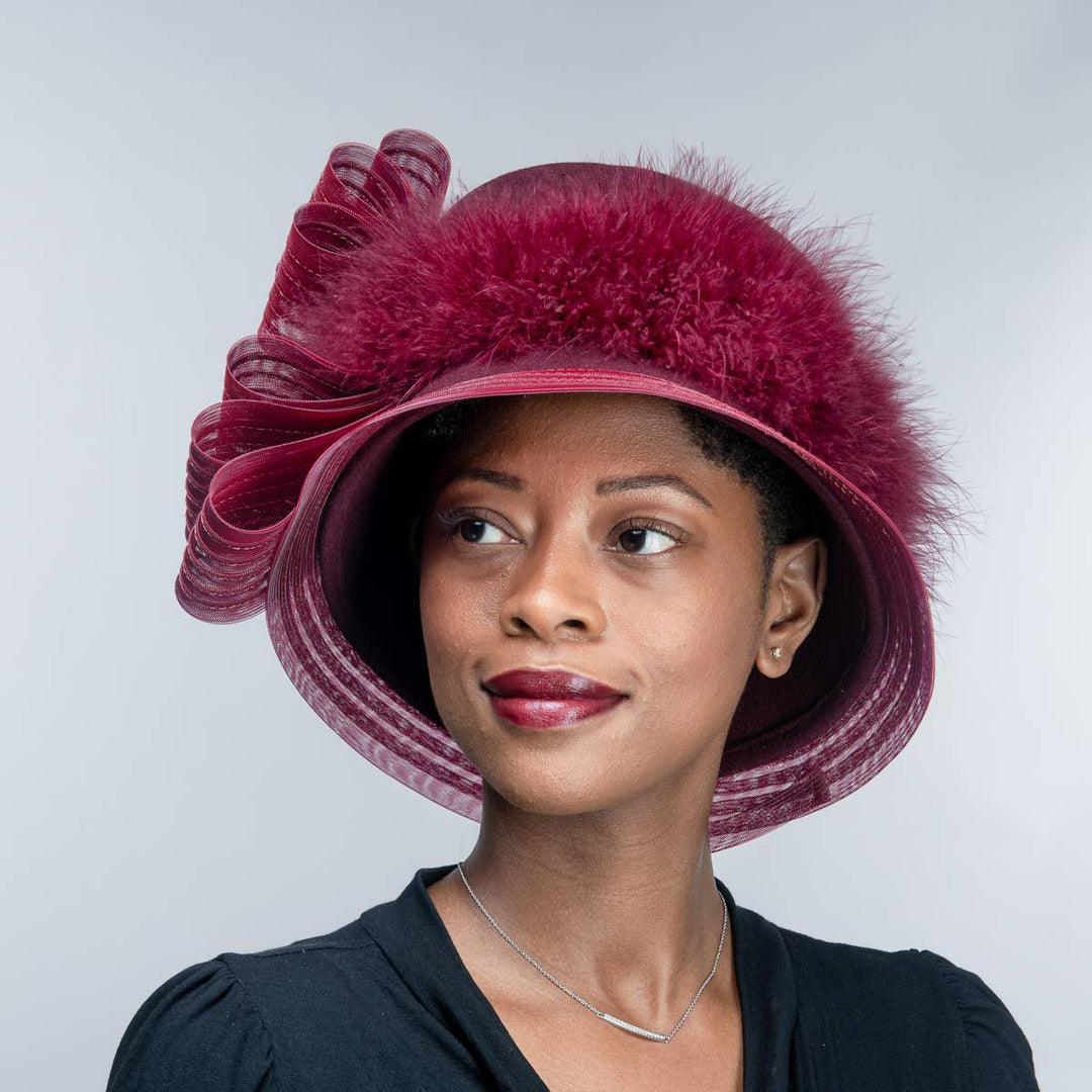 Crinoline Feather Bow Trim Tall Crown Wool Felt Hats: Wine