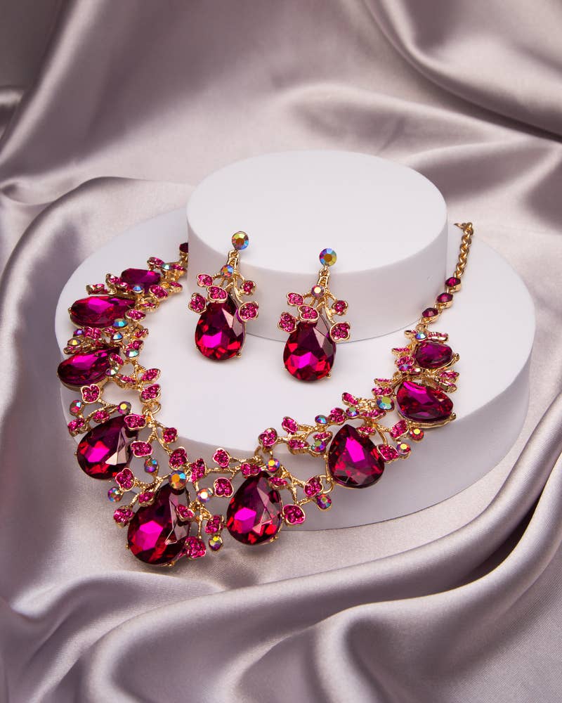 Conjunto de collar de cristal tallado en forma de lágrima con adornos de diamantes de imitación: dorado y fucsia