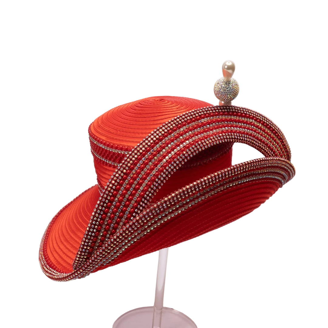 Red decorative hat with beaded details on a white stand against a light purple background