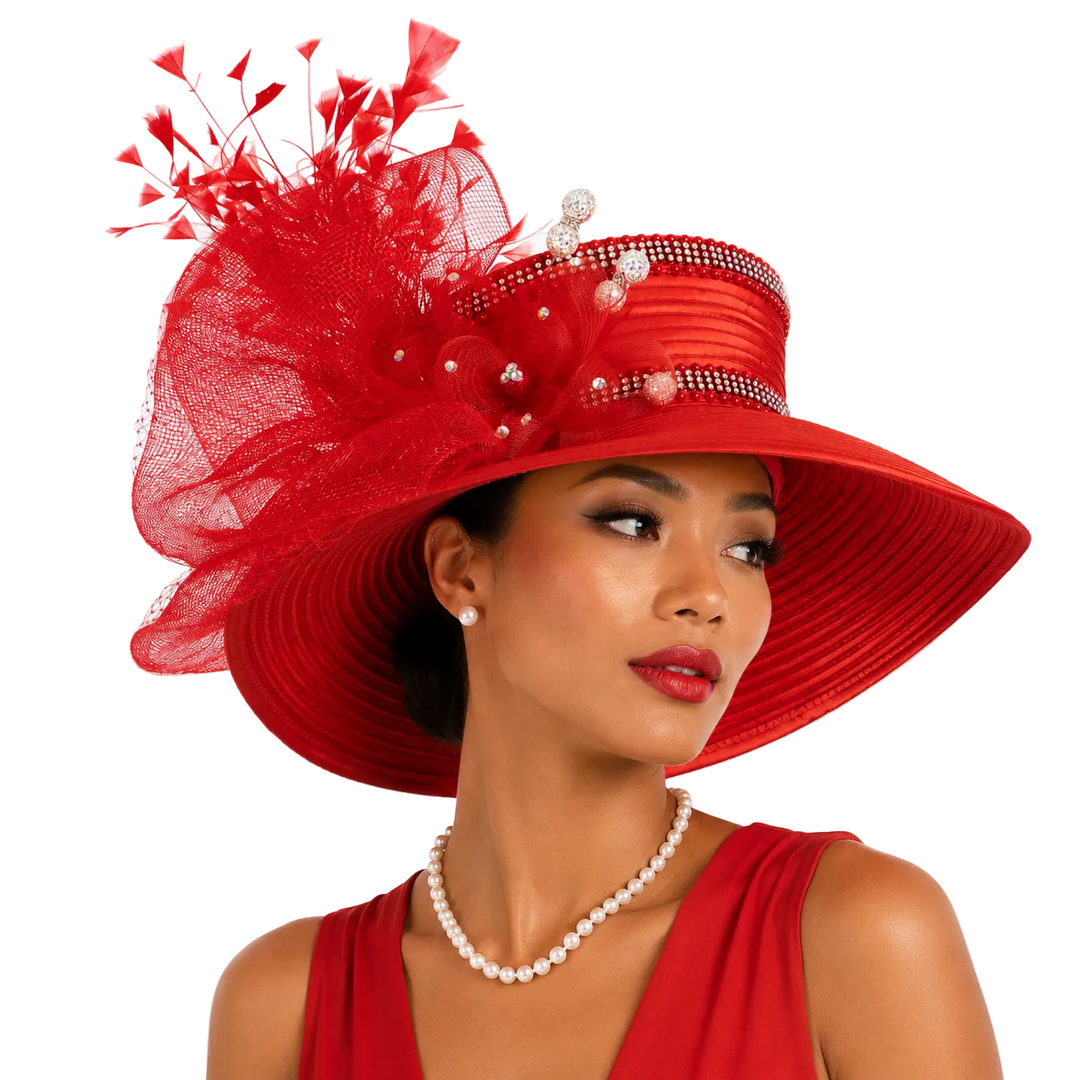 Satin Sailor Hat with Mesh Crinoline Bow - Red