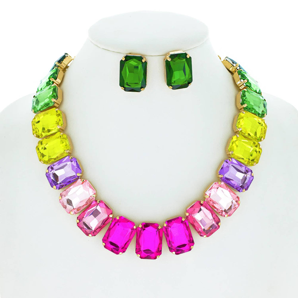 A multicolor crystal octagon cut collar necklace set displayed on a mannequin, consisting of a necklace and matching earrings.