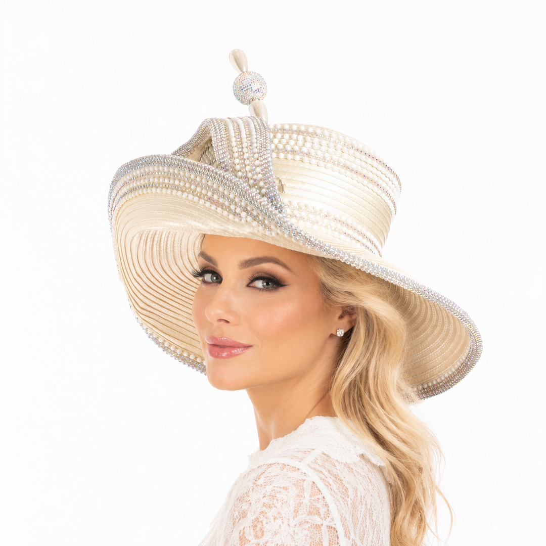 Sombrero de ala ancha con diseño de Sombrerero Loco y diamantes de imitación, color blanco