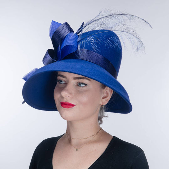 Feather Bow Trim Asymmetric Wool Felt Hat: Royal