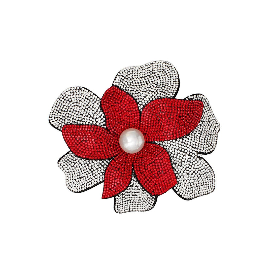 Delta Sigma Theta rhinestone flower brooch pin and hair clip with red petals, pearl center, and clear rhinestone accents on black felt backing.