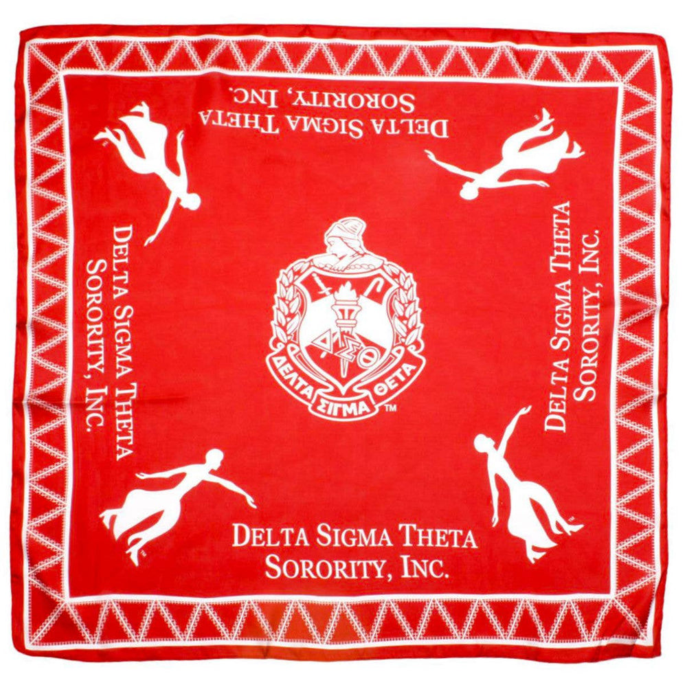 DST Sorority scarf in red and white featuring the shield, Lady Fortitude print, and zigzag stripe edging.