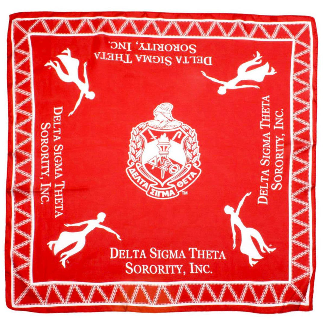 DST Sorority scarf in red and white featuring the shield, Lady Fortitude print, and zigzag stripe edging.