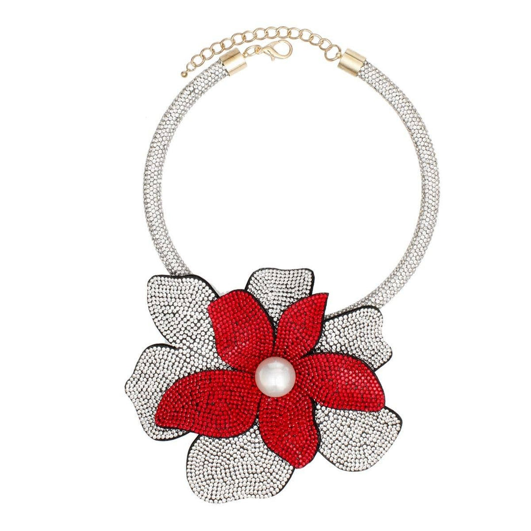 Handcrafted Brilliance Flower Choker Necklace - Red Silver